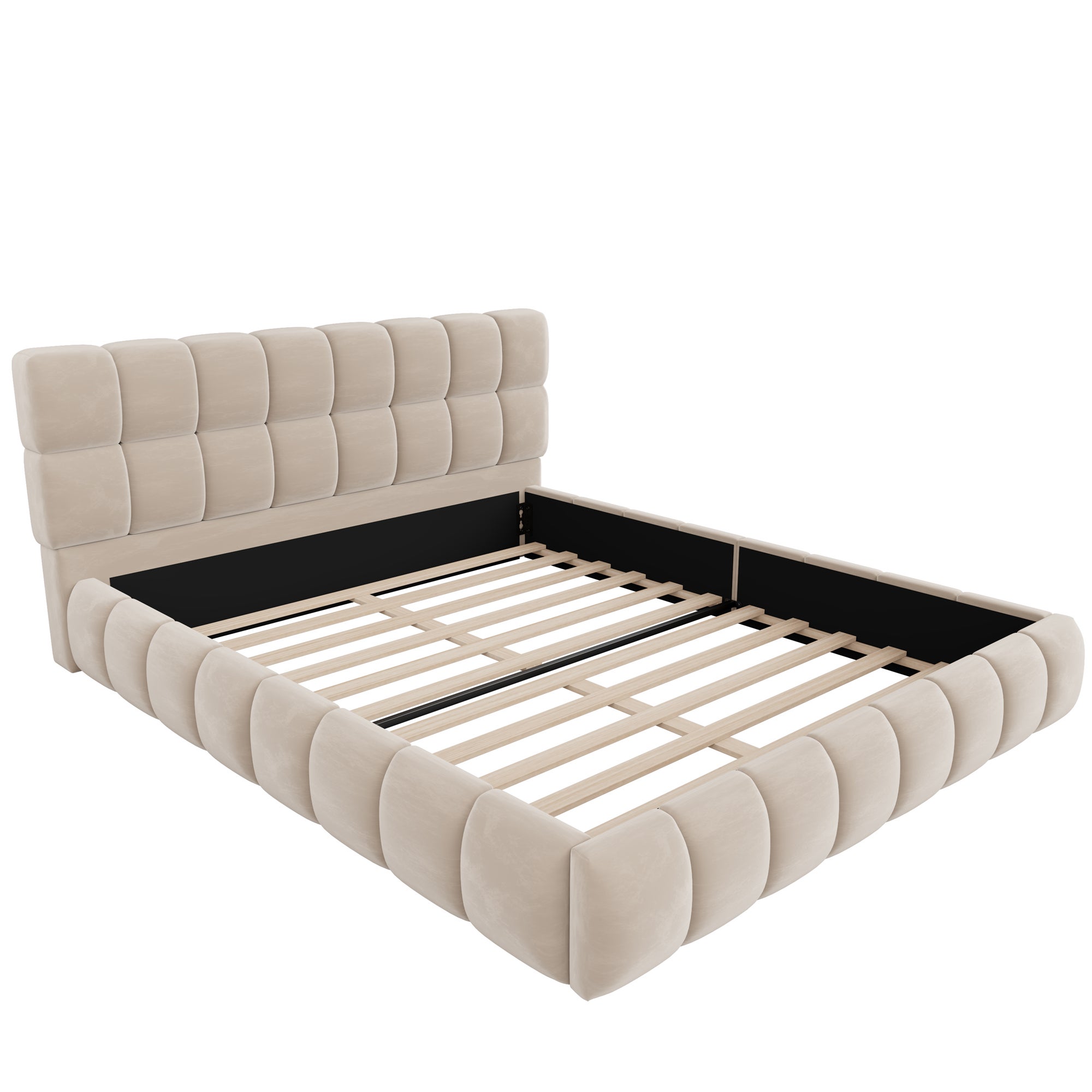 Lit double rembourré 140x190 cm, tête de lit rembourrée, cadre matelassé , pour jeunes et adultes, velours, beige - 6