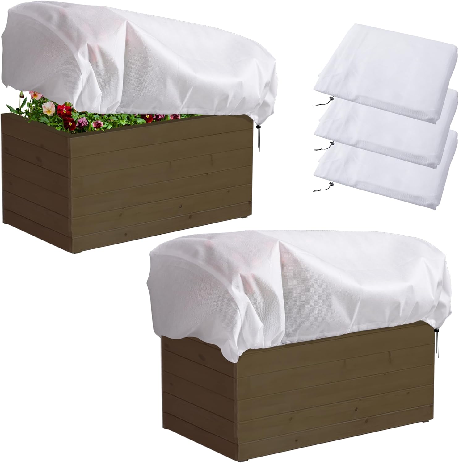 Osłona na rośliny w kształcie kwadratu – idealna do ochrony roślin ogrodowych zimą – ze ściągaczem, zestaw 3 szt., biała, 80 × 60 × 40 cm