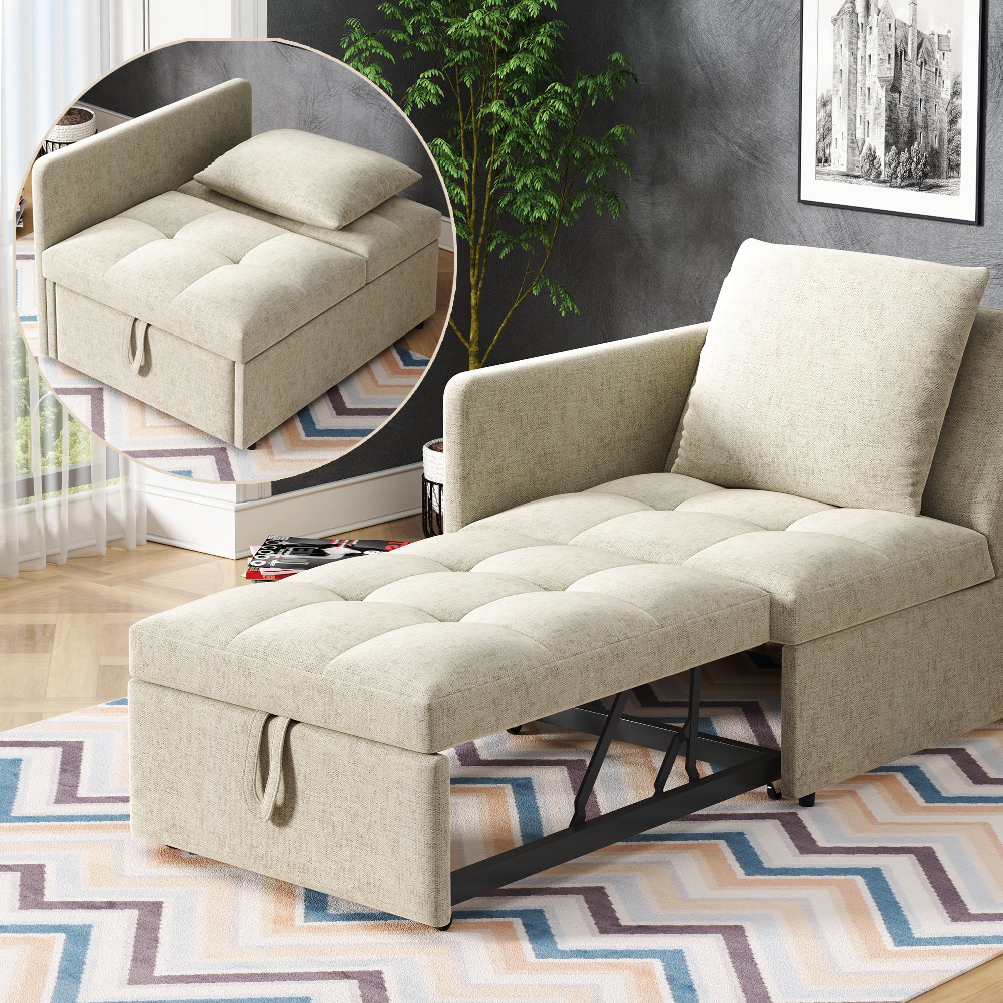 Rozkładana sofa 1-osobowa, 3 w 1, tapicerowana sofa z funkcją spania – 97/177 x 65 x 65 cm – tkanina lniana – regulowane oparcie – beżowa
