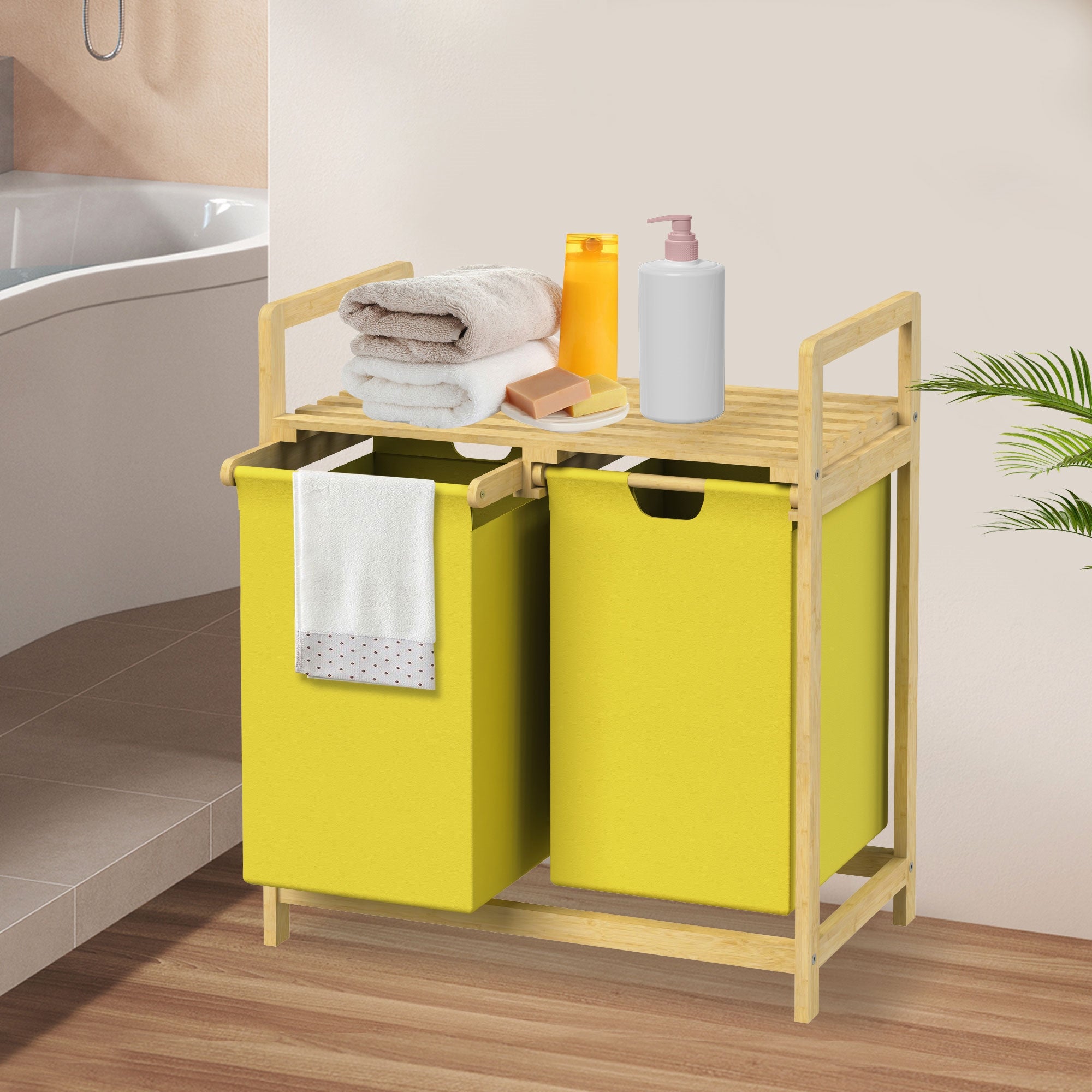 ML-Design kosz na pranie wykonany z bambusa, zólty, pojemnik na pranie z 2 przegrodami, pojemnik na pranie z 2 wysuwanymi workami na pranie 60 L,