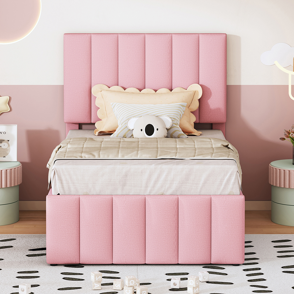 Lit simple 90 x 200 cm avec Lit gigogne 90 x 190 cm - 3 tiroirs - Tête de lit réglable - Tissu en lin - Rose - 2