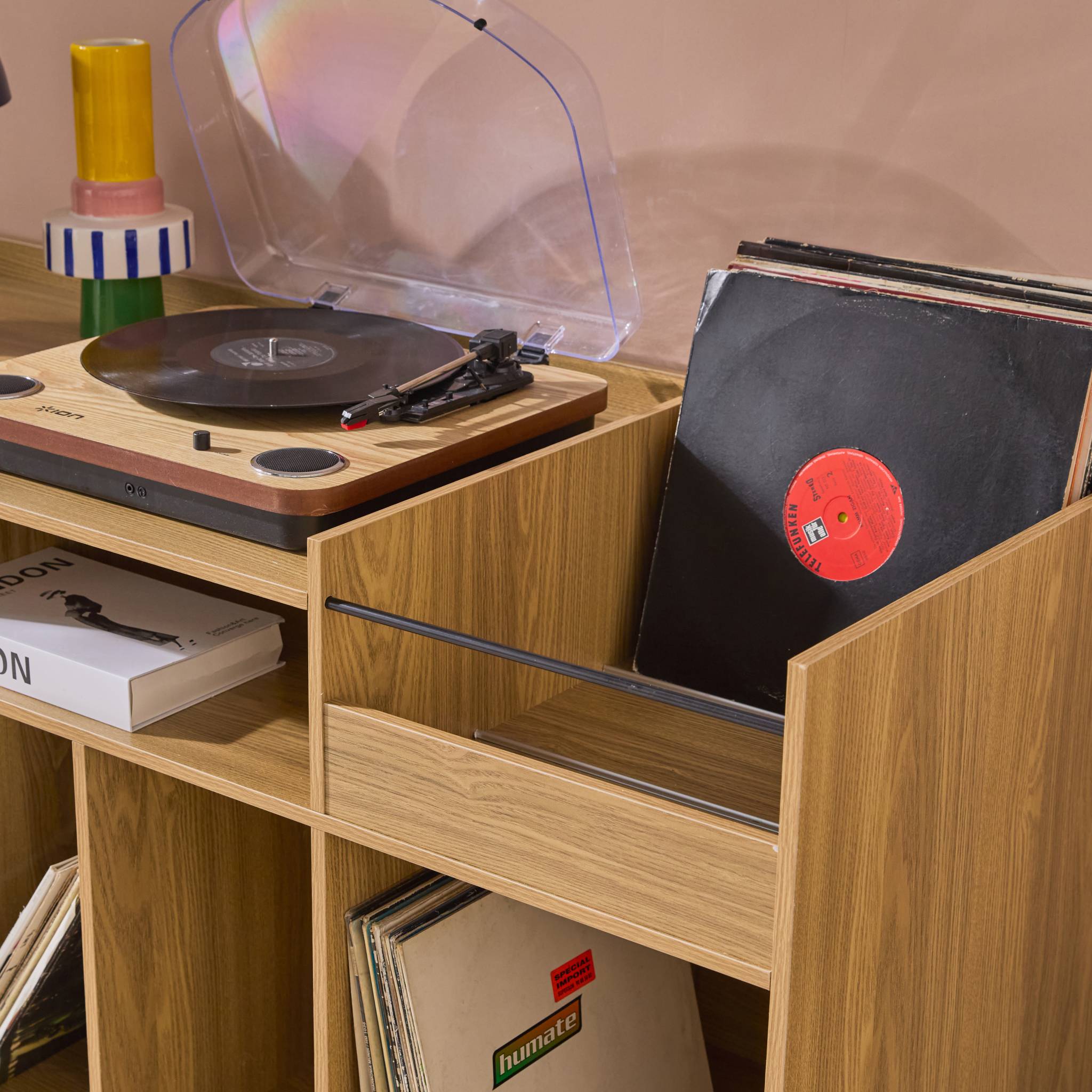 Mueble de vinilos XL estilo escandinavo, 130cm, Dune, Natural, 130x50x80 cm - 4