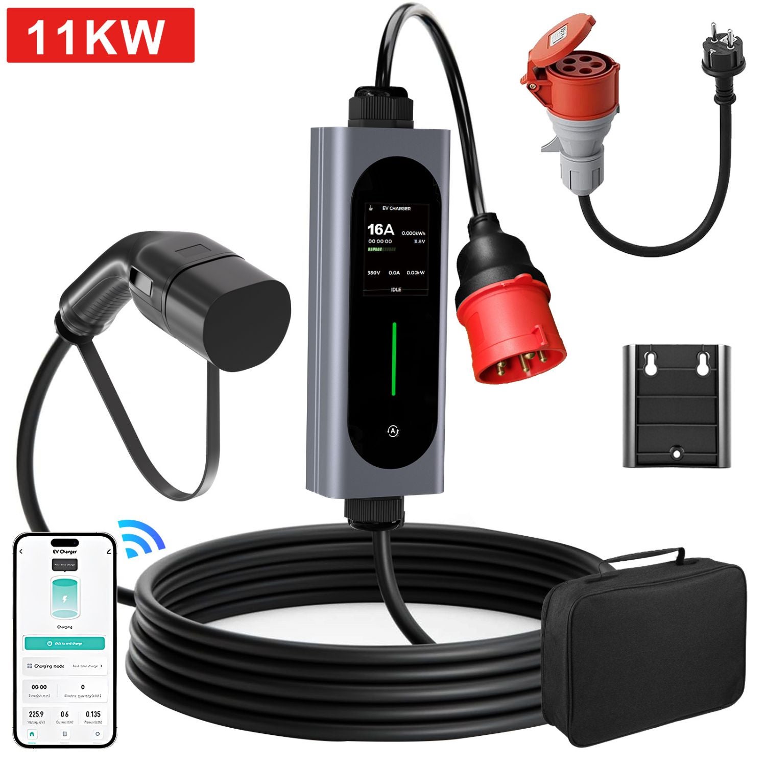 Przenośna 11kW 3-fazowa 3.5kW stacja ładowania EV typu 2 z regulacją prądu 6-16A i sterowaniem przez aplikację