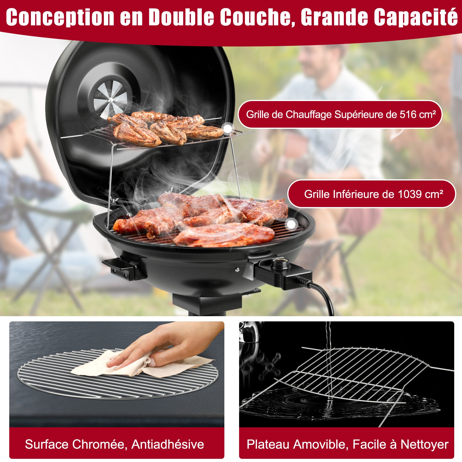 Grill Elettrico per BBQ, Grill Portatile Verticale con Griglia Scaldavivande Rimovibile Antiaderente, Temperatura Regolabile, 1600 Watt Grill - 2