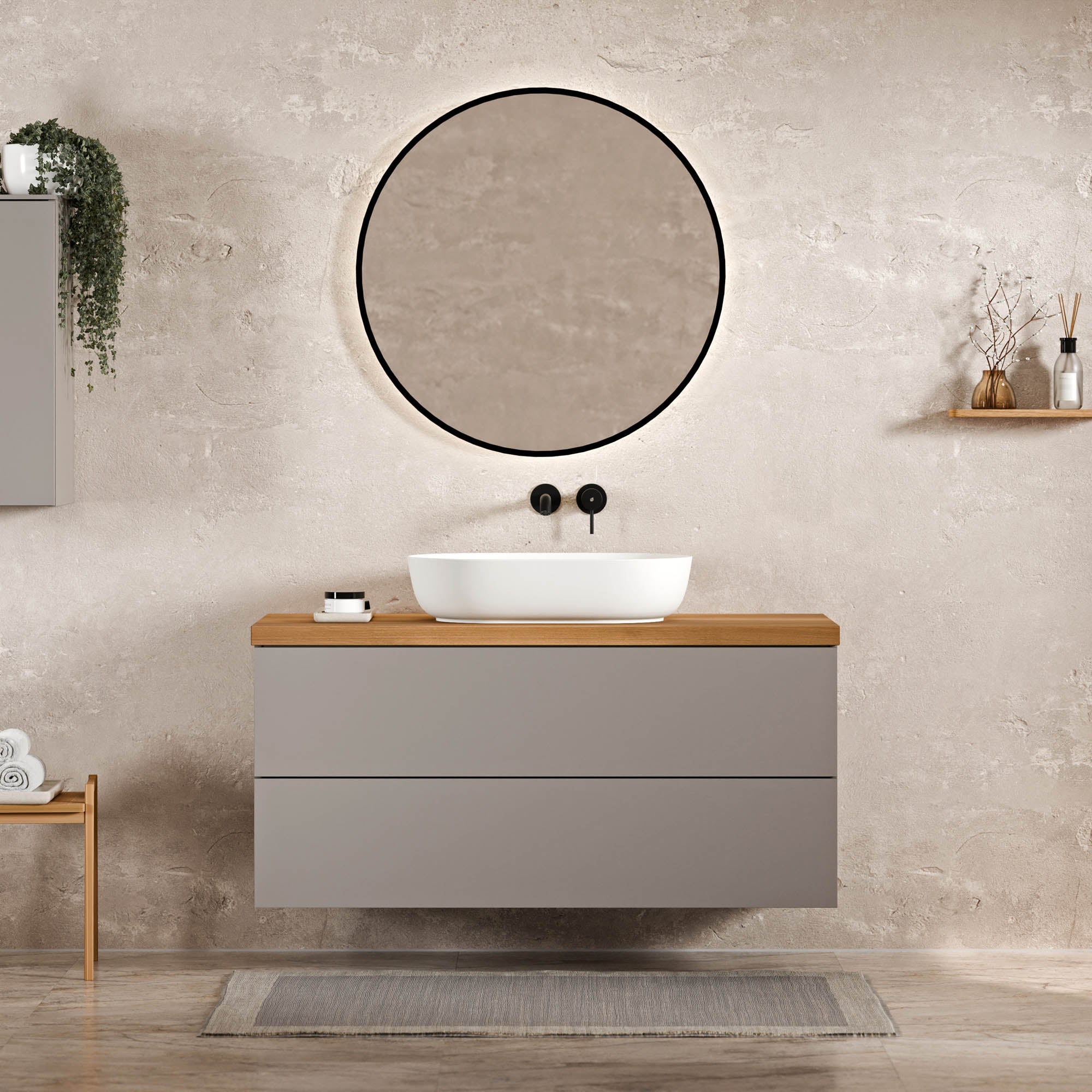 BERNSTEIN - Meuble sous vasque mural suspendu Gris mat en MDF + plan de ...