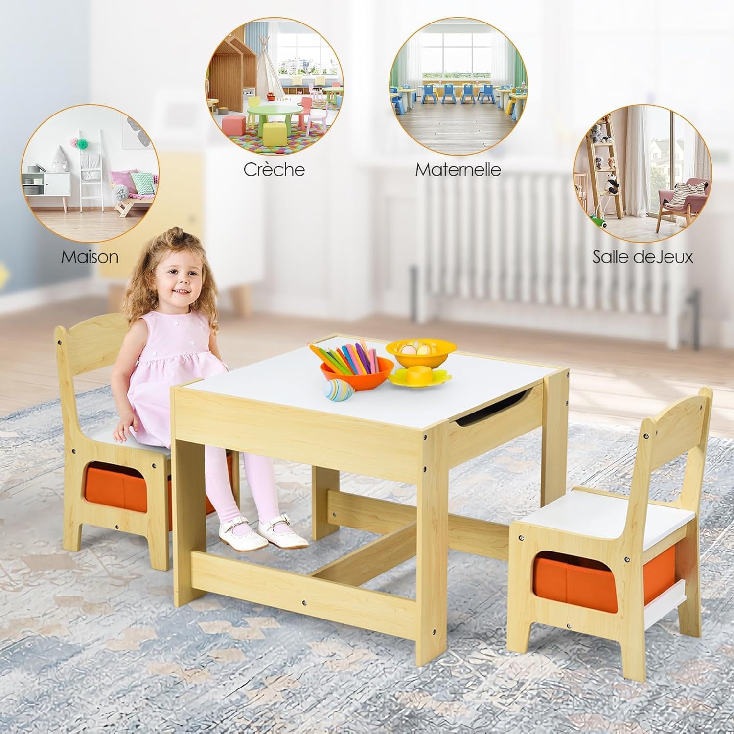 Ensemble Table et Chaises Enfant, Table Transformable 3-en-1 Multifonctionnel à Double Face, 2 Chaise avec Tiroir de Rangement, Naturel - 9
