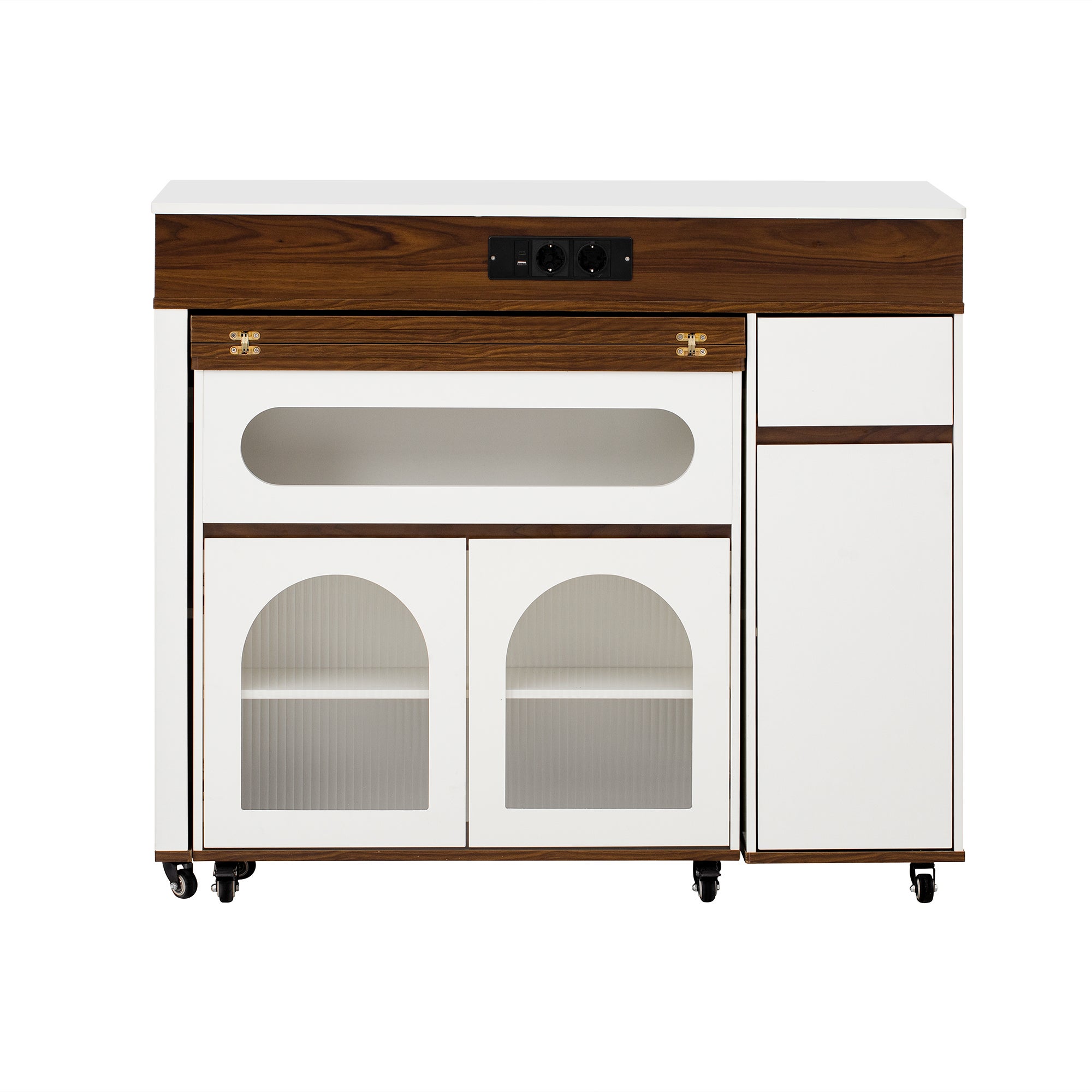 Îlot de cuisine mobile avec porte vitrée,Table de salle à manger extensible avec prise électrique et 1 tiroir,Blanc+Noyer,50.5-187.5×110.5×95.5cm - 5