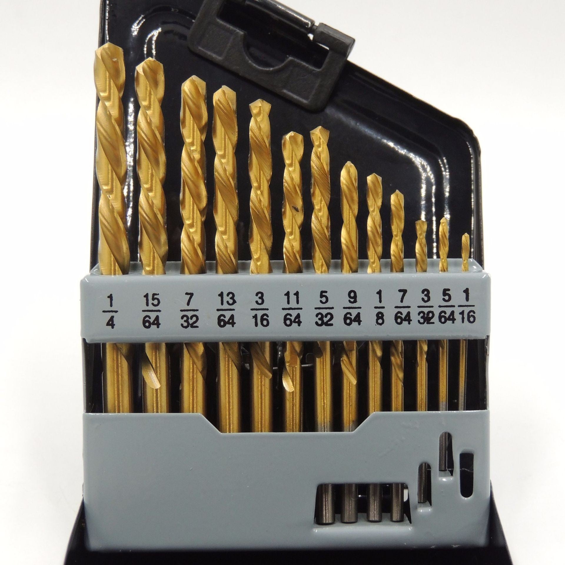 Zestaw wierteł leworęcznych, 13 elementów - M2 HSS z powłoką z azotku tytanu - SAE (1/16" - 1/4")