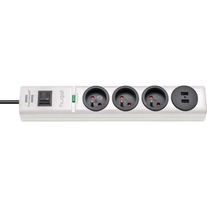 Brennenstuhl Multiprise hugo! Blanche - 3 prises + 2 prises USB - avec parafoudre et 2m de cable 19.500A - 6