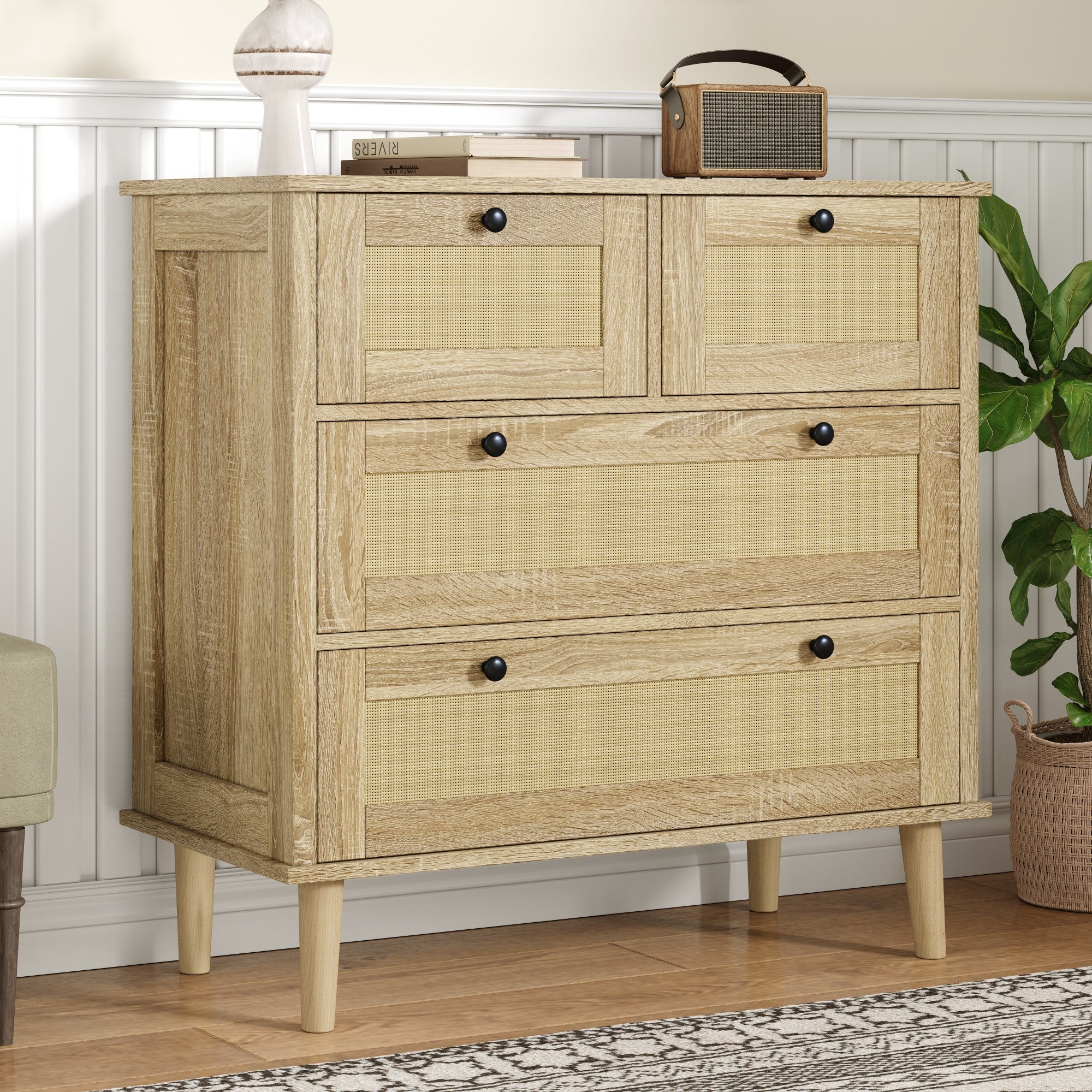 Commode avec 4 tiroirs en rotin - 80 x 40 x 80 cm - Panneaux de particules - Naturel - 8