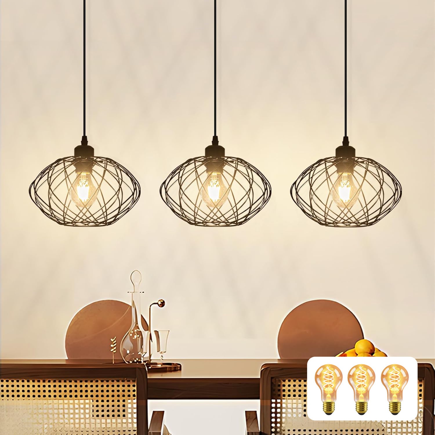 ZMH 120 cm Czarna lampa wisząca do jadalni w stylu retro, E27, zestaw 3 sztuk z 3 żarówkami w zestawie