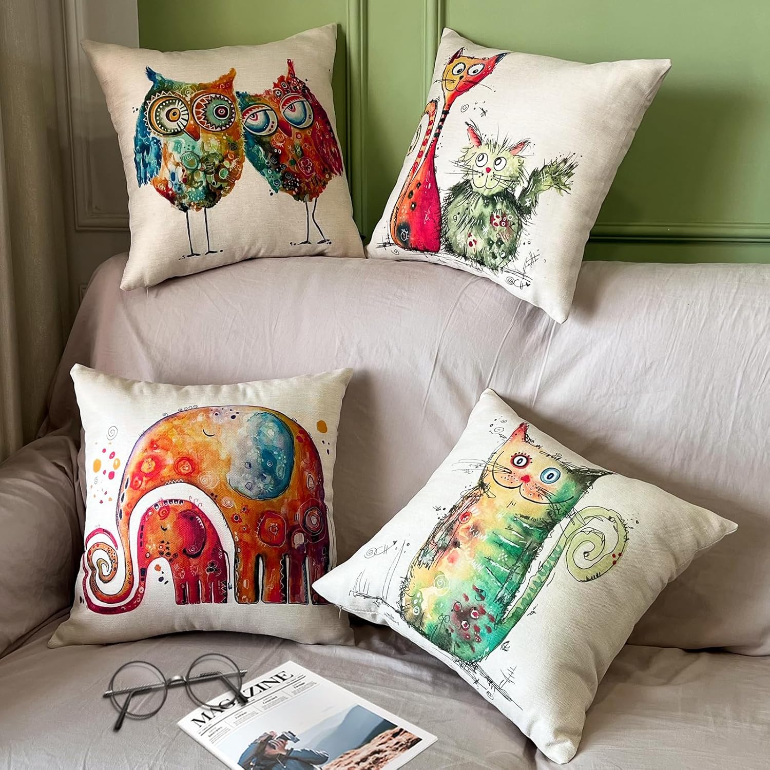 Lot de 4 housses de coussin décoratives 45 x 45 cm pour chambre, canapé, chaise, lit, jardin (lin animal) - 3