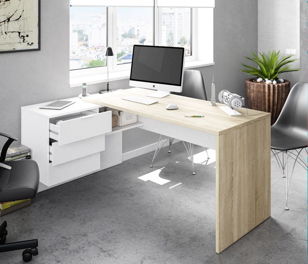 Bureau d'angle JIMI L145cm x P108cm - Blanc / Bois - 2