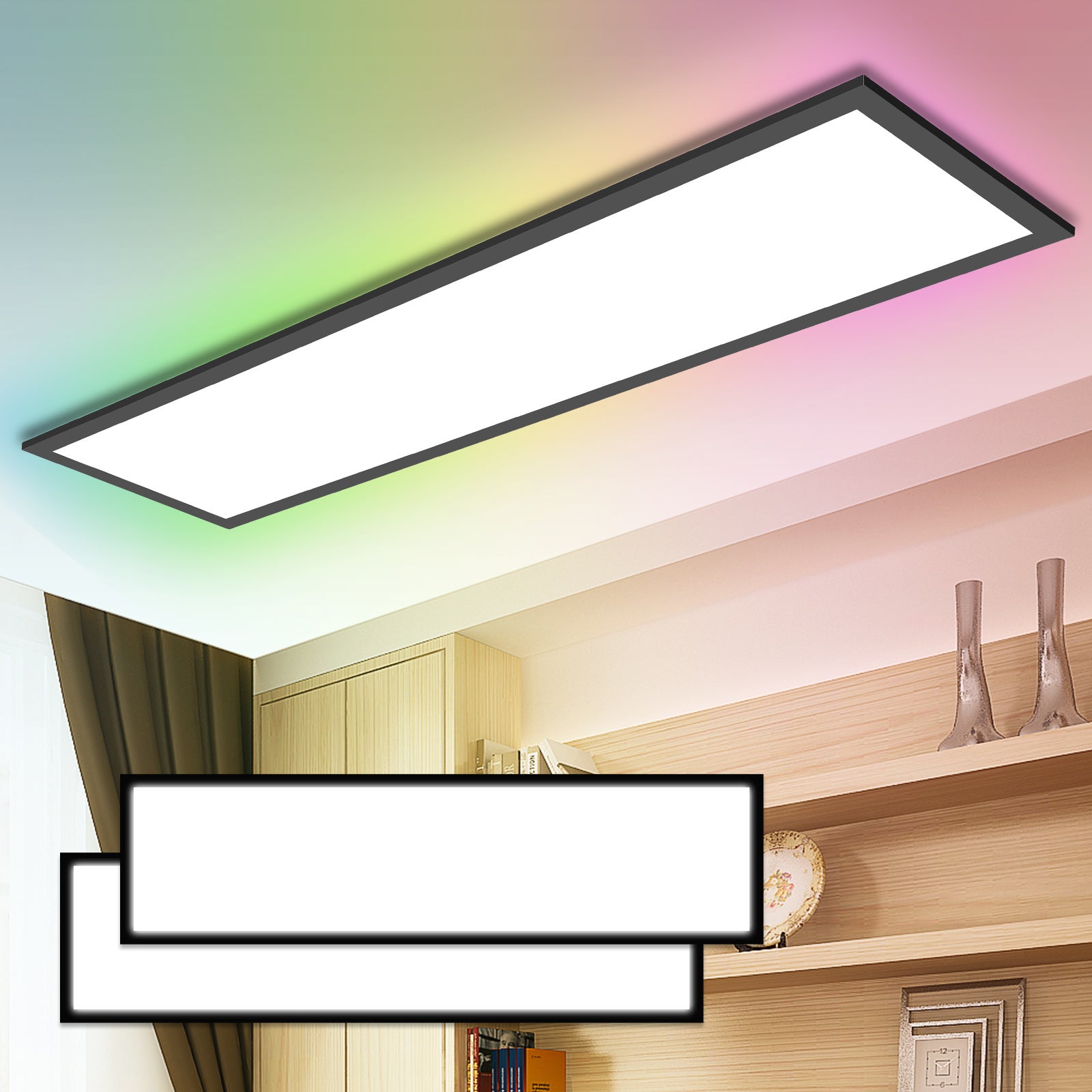 LOVHAUS 2 Sztuki Regulowana Lampa Sufitowa LED Z Pilotem 3000K-6500K, Wewnętrzny RGB Zmiana Koloru Panel LED 100x25cm, 110LM/W Panel LED, Pamięć