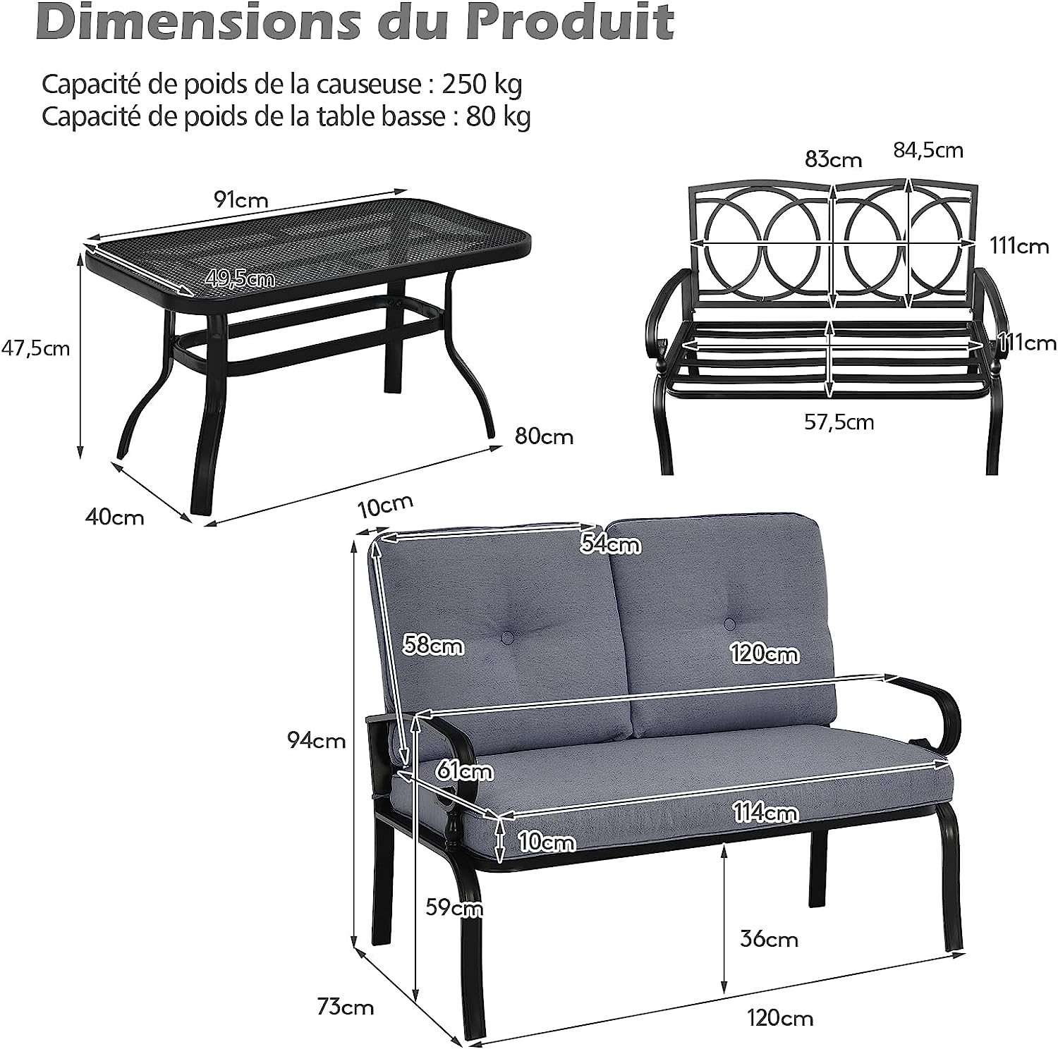 Set Giardino Esterno 2 Pezzi, Panchina da Giardino con Tavolino e Cuscini Imbottiti, Panchina 2 Posti e Tavolino da Esterno Giardino Terrazza - 5