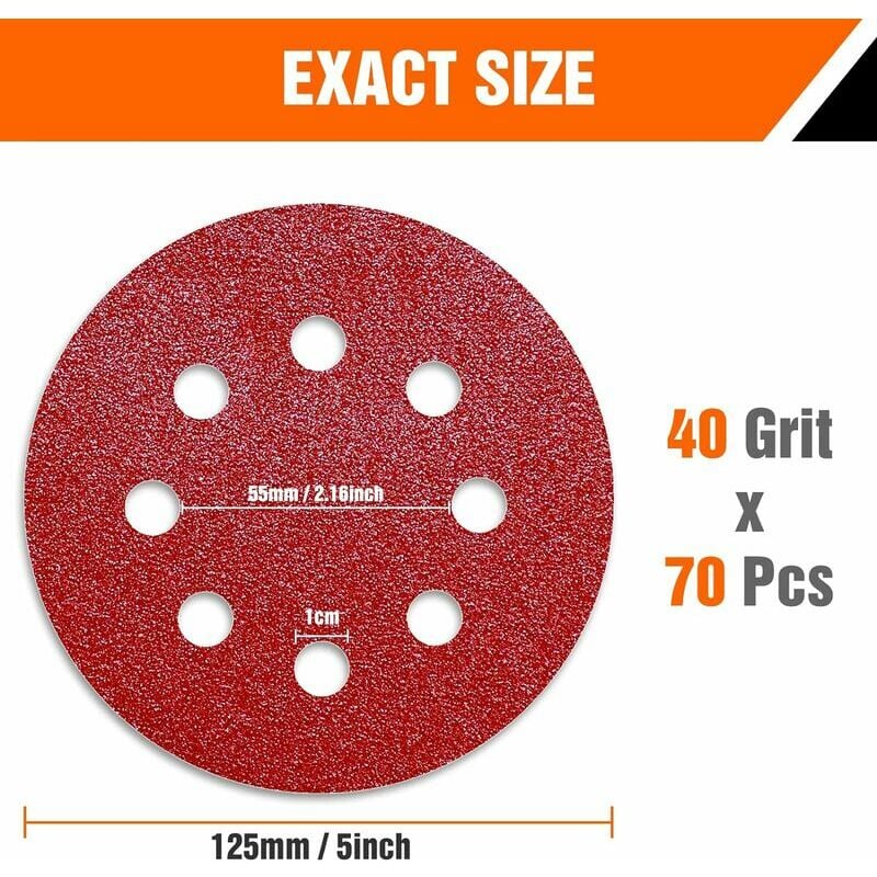 70 Pièces Disques Abrasifs 125mm Grain 40 Papier Poncer 8 Trous Disque Poncage pour Ponceuse Excentrique - 4