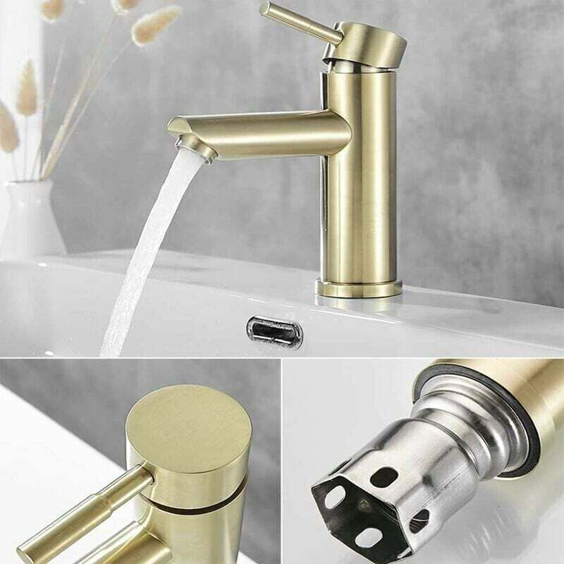 Mitigeur Lavabo Moderne en Laiton Doré Brossé - Design Élégant pour Salle de Bain,Eau Chaude et Froide,Valve Céramique Durable - 3