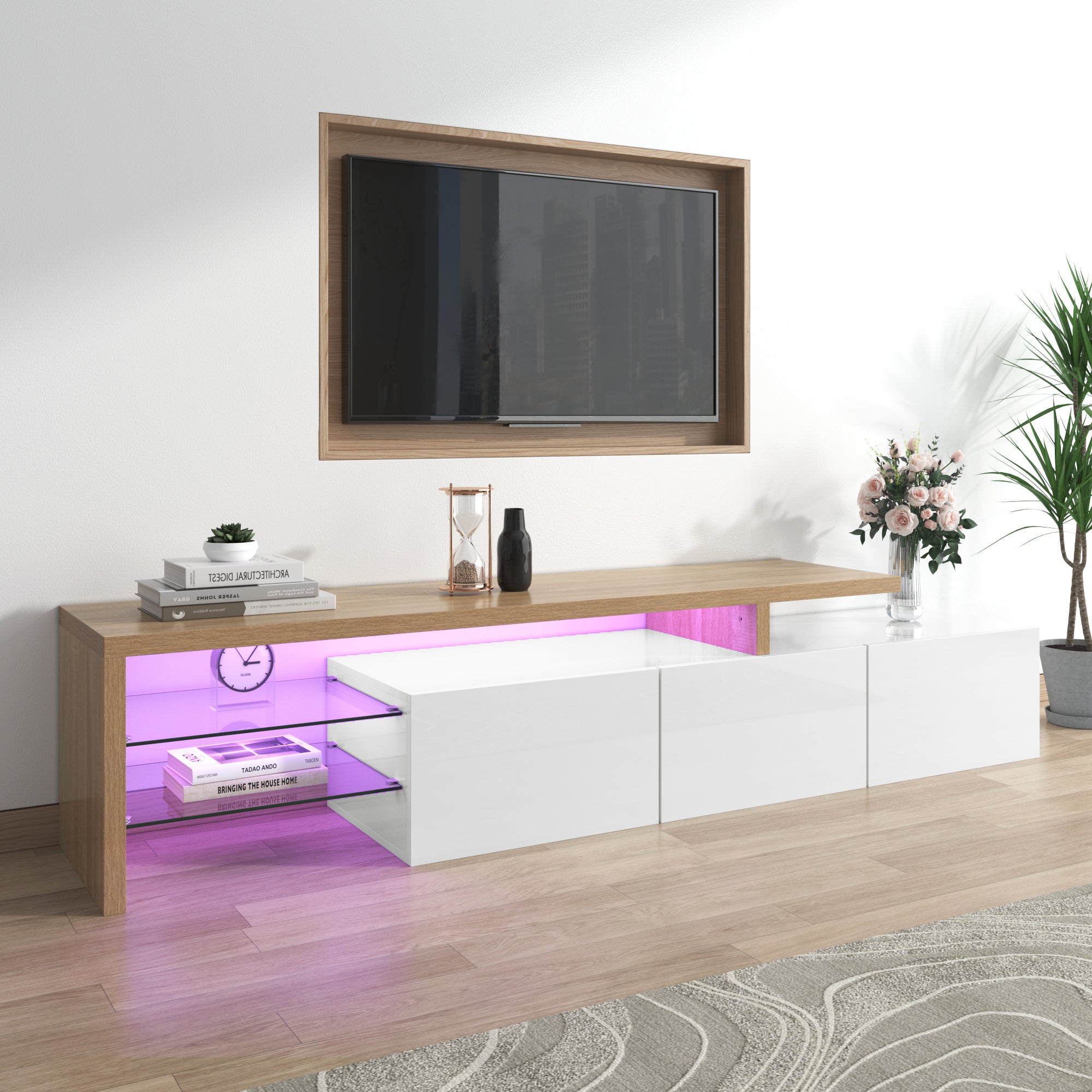 Meuble TV moderne avec 3 portes et 2 niches - LEDs - bois MDF et verre - coloris chêne et blanc - 4