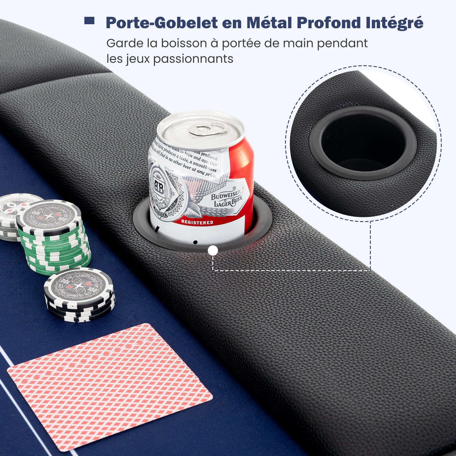 Składany Stół do Pokera dla 8 Graczy, Stół do Gier Towarzyskich 182 cm, 8 Metalowych Uchwytów na Kubki, Wyściełane Poręcze, Texas Hold'em, Niebieski - 2