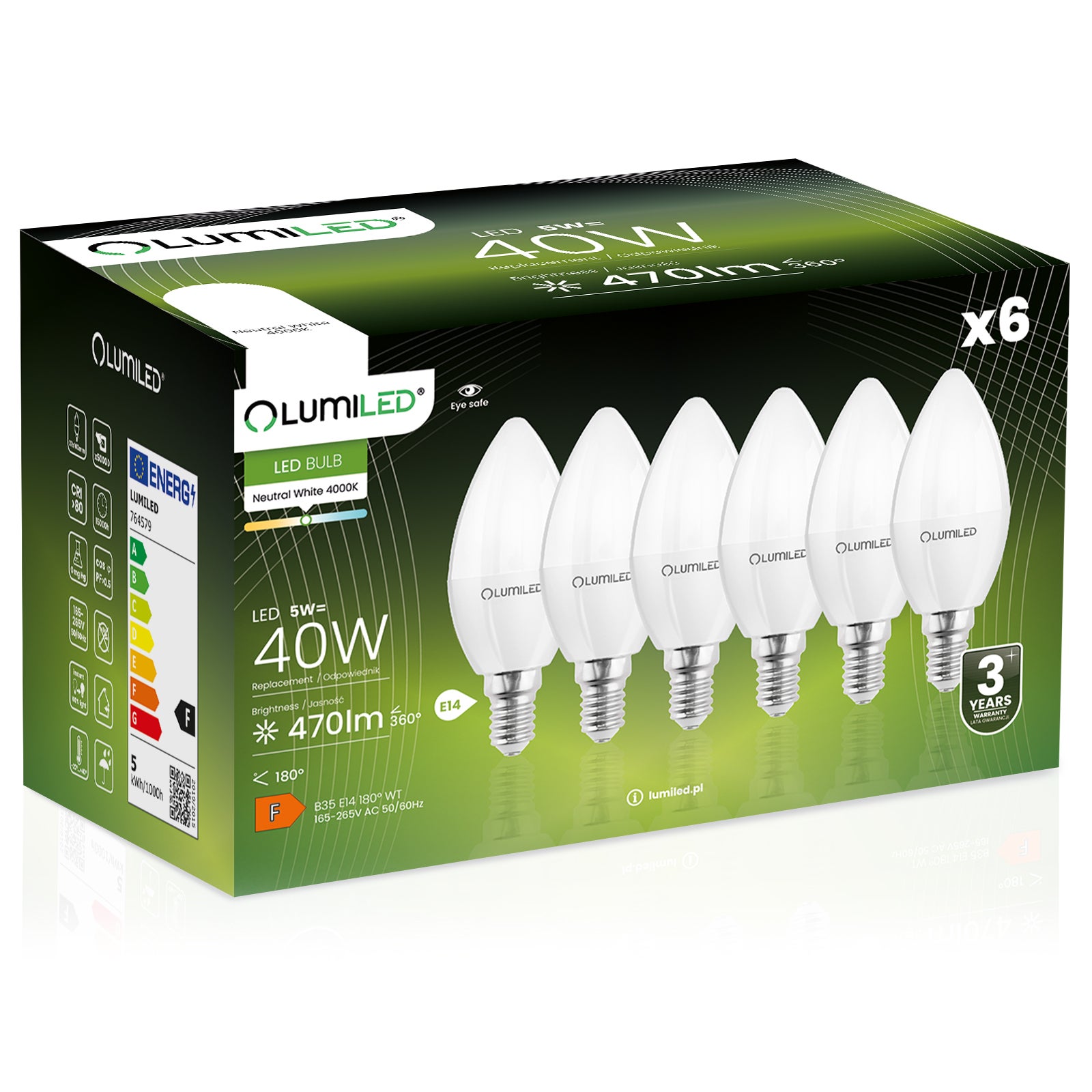 Żarówka LED Lumiled E14 B35 5W 470lm 4000K Neutralna biel 180st 6 szt.