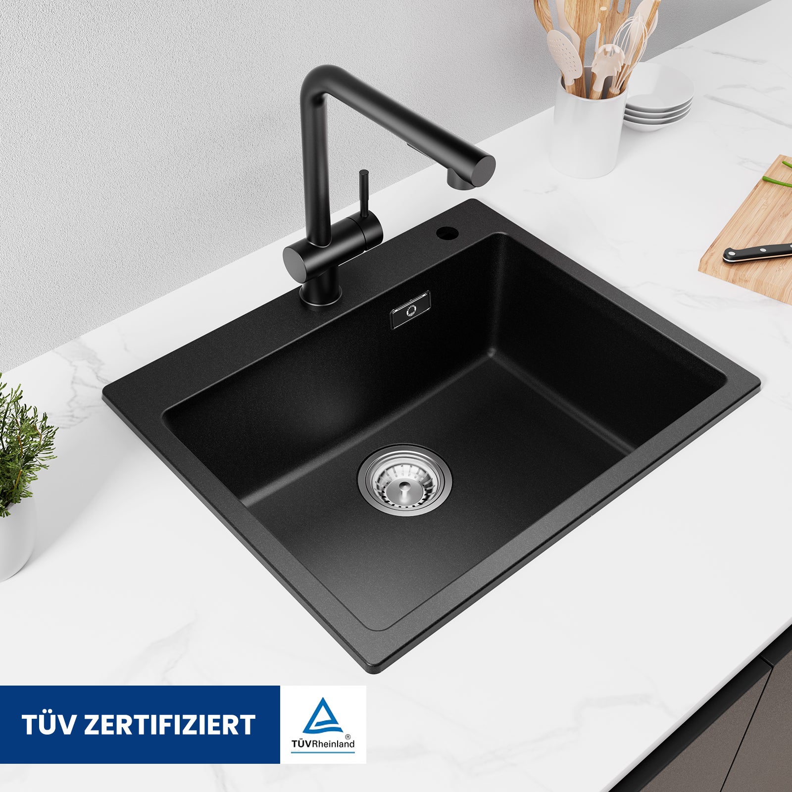 Évier Cuisine en Granit 55*45*20cm, Eveir 1 Bac Kit de Vidage, Évier Cuisine Encastré, Noir evier a poser - 2