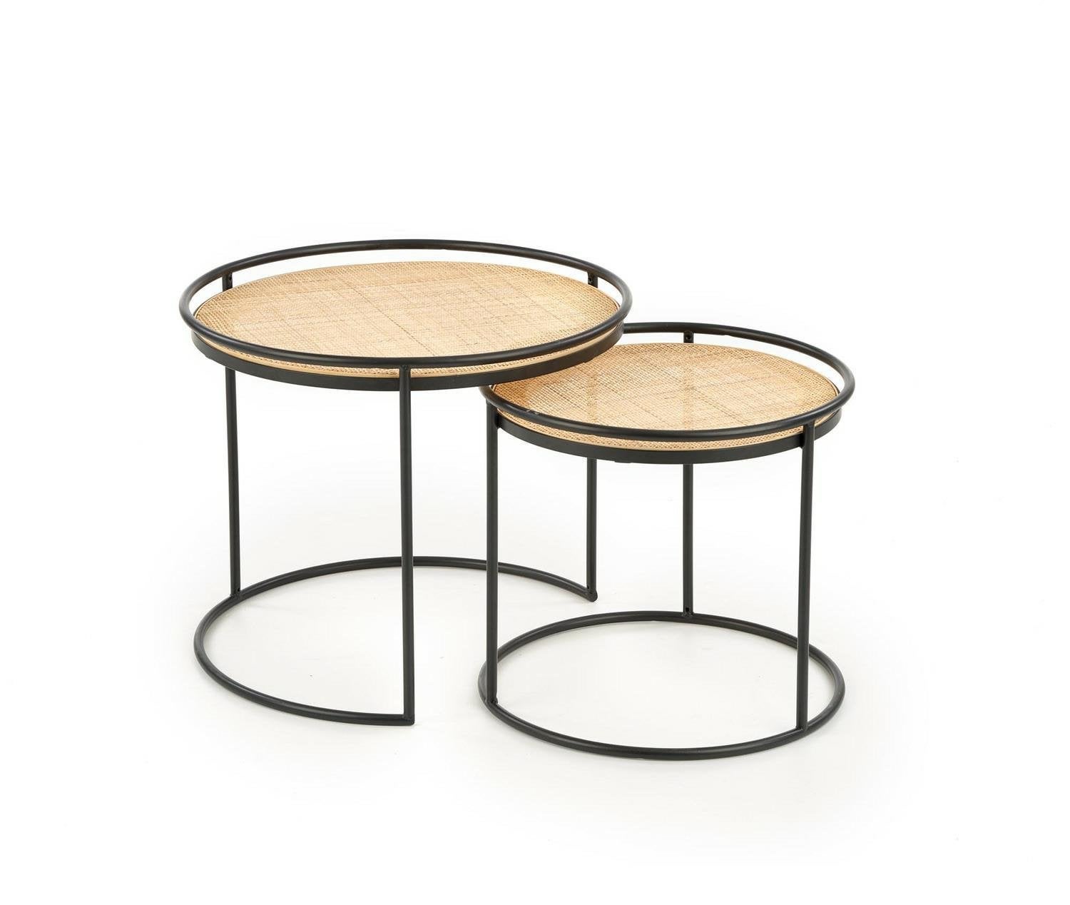 Zestaw 2 stolików kawowych okrągłych Nabul INTESI rattan metal czarny styl boho do salonu 1 zestaw