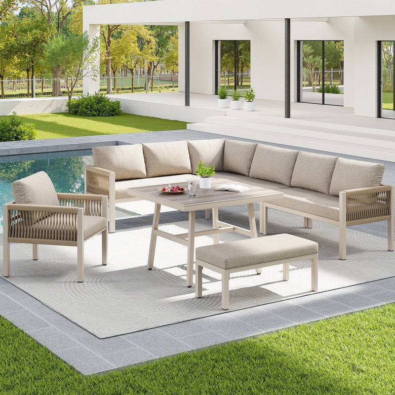 Canapé de Jardin en L Tressé Main pour 8 Personnes avec coussins Épais, ensemble salon d'extérieur avec table en Verre - housses détachables - beige - 2