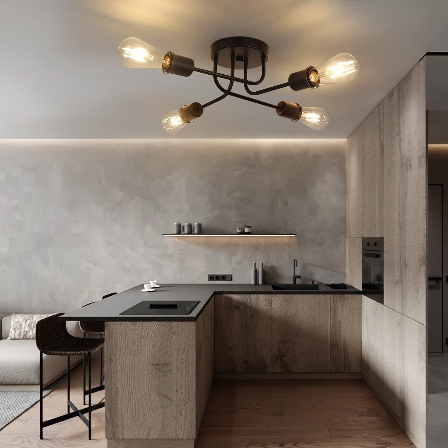 NETTLIFE Lampa sufitowa vintage czarna - retro lampa do salonu 4 lampy przemysłowe E27 Bez żarówek - 2