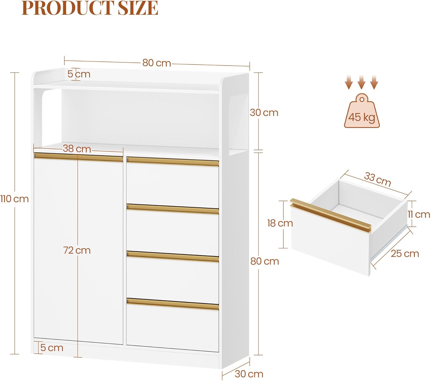 Meuble Salle de Bain, Meuble Salle de Bain Rangement, Placard de Rangement avec 4 Tiroirs, Armoire Haut Salles de Bains, Étagères Réglables, Blanc - 9