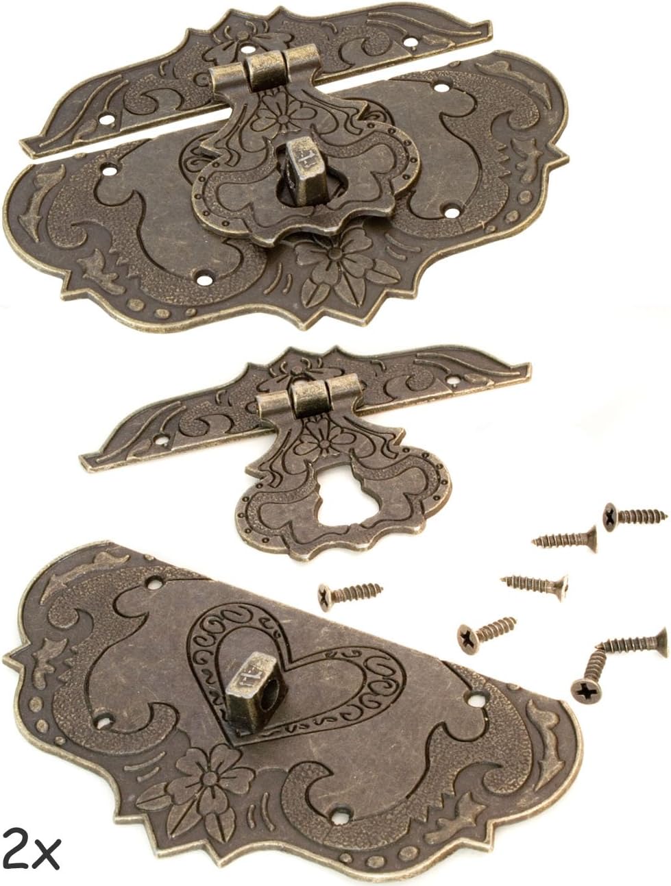(76x56mm), Zestaw 2 antycznych brązowych klamer żelaznych, klamer meblowych, okuć do kłódek do zasłon, zamków do skrzyń i pudeł przesuwnych