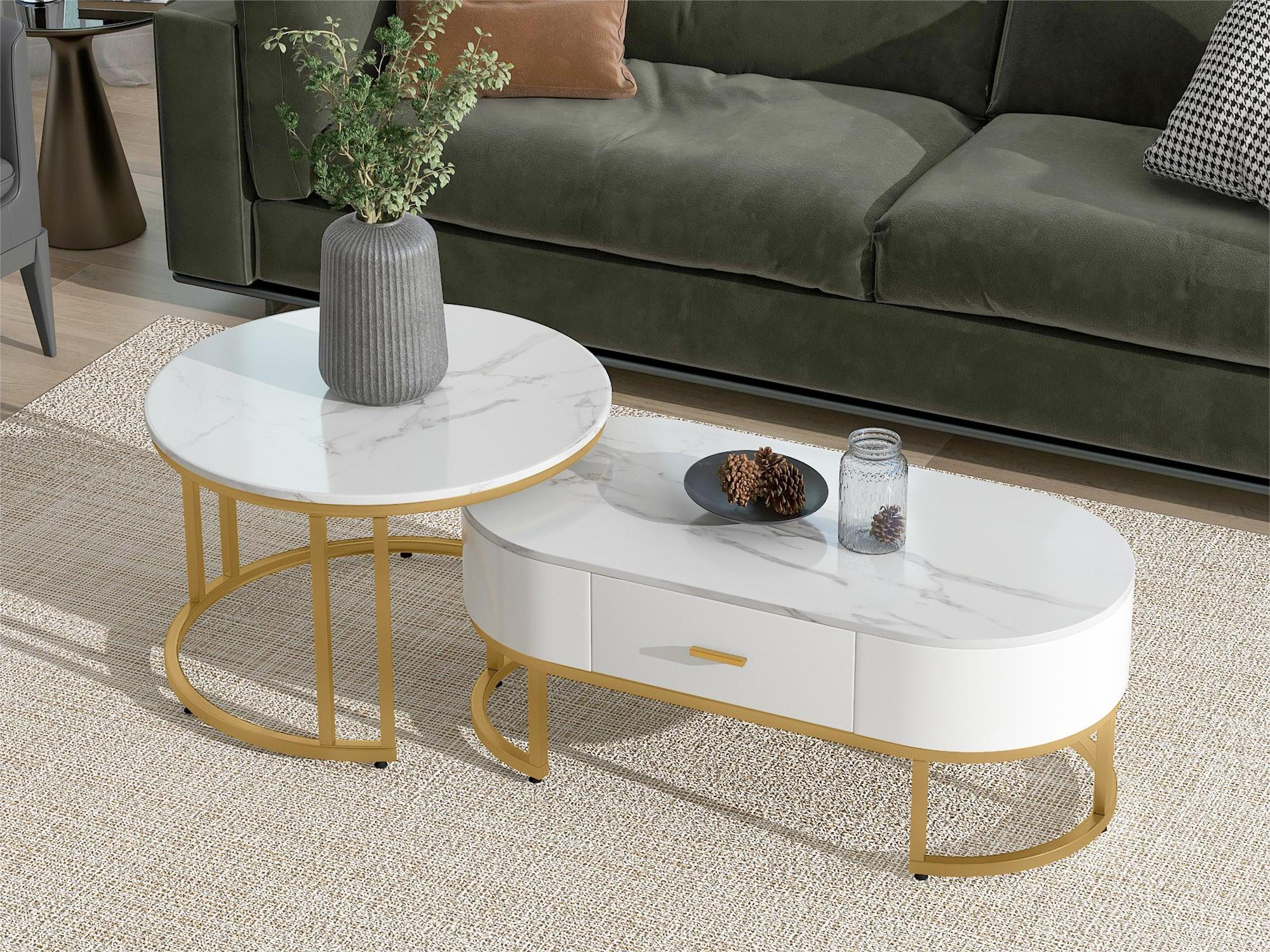 Zestaw 2 składanych stolików kawowych z szufladą - nogi metalowe - okleina marmurowa - kolor biały - 3