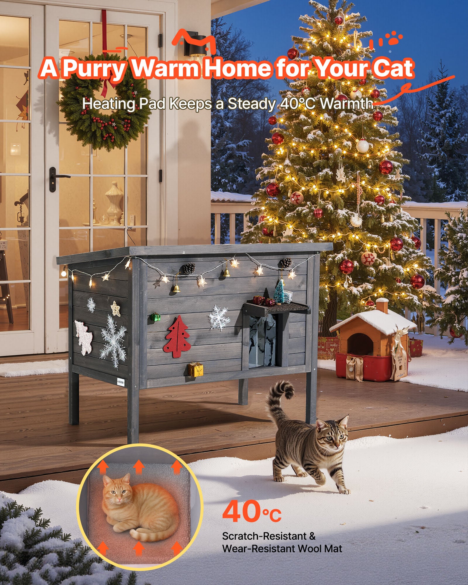 Casa para gatos aquecida VEVOR, madeira+PVC, 87×53,5×69 cm, almofada térmica, teto asfáltico abrível, 1–3 gatos exterior, inverno - 2