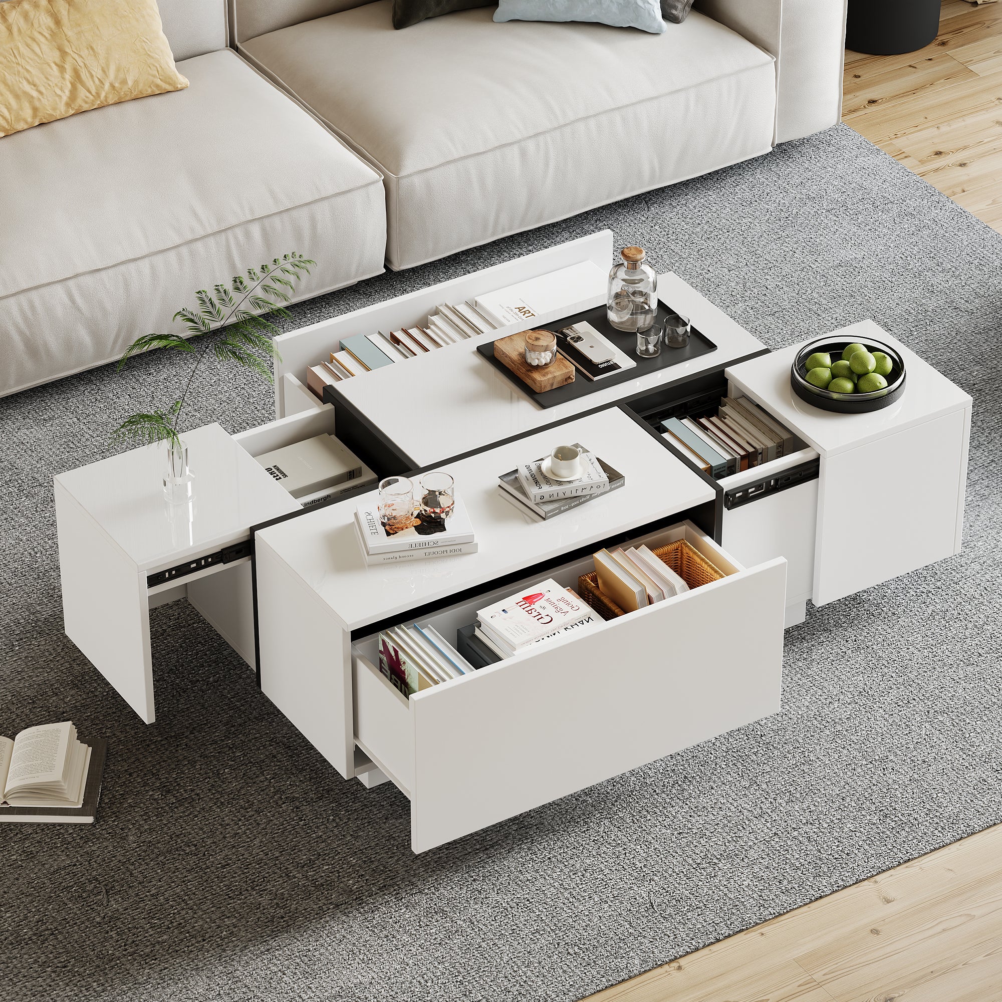 Table basse relevable coloris blanc artic - longueur 102 cm x hauteur 43-54 cm x profondeur 50 cm