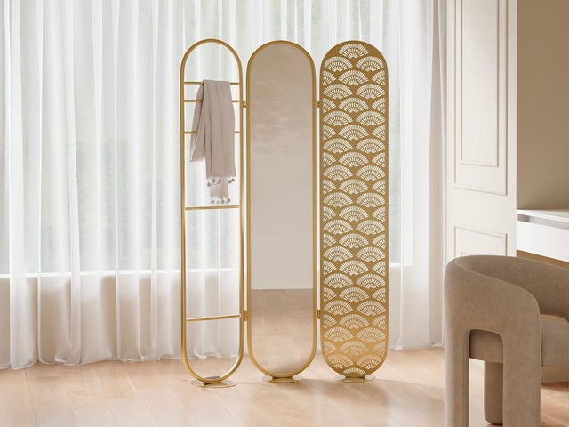 Paravento specchio 3 pannelli L. 117 x A. 175 cm in Metallo Dorato Art déco - MAVICA