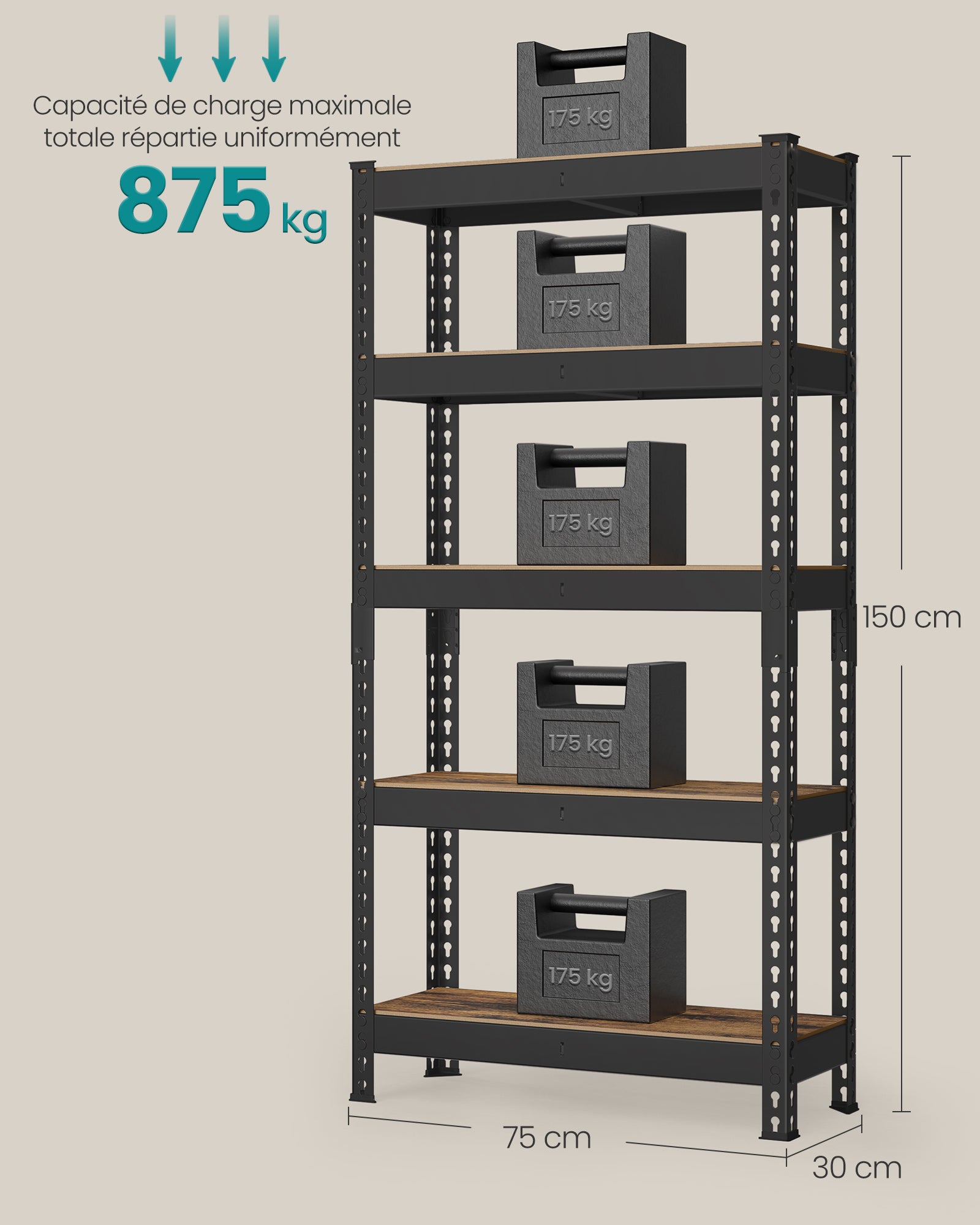 Étagère pour Charges Lourdes,5 Niveaux, 31 x 75.5 x 152cm, Capacité de Charge 875 kg，Marron Rustique - 5