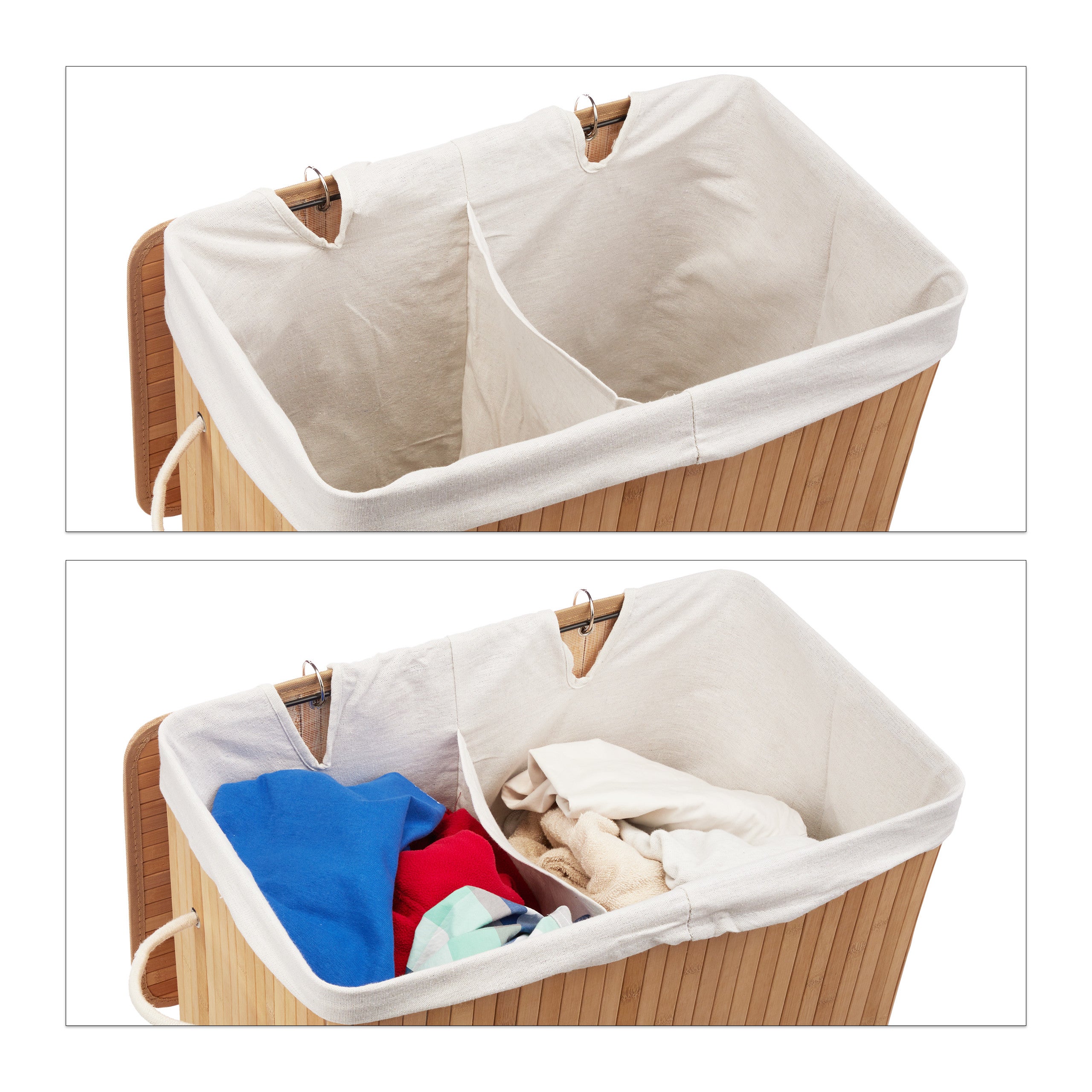 Corbeille à linge bambou, Panier à linge 2 compartiments, coffre pliable couvercle 95 litres, nature, Relaxdays - 6