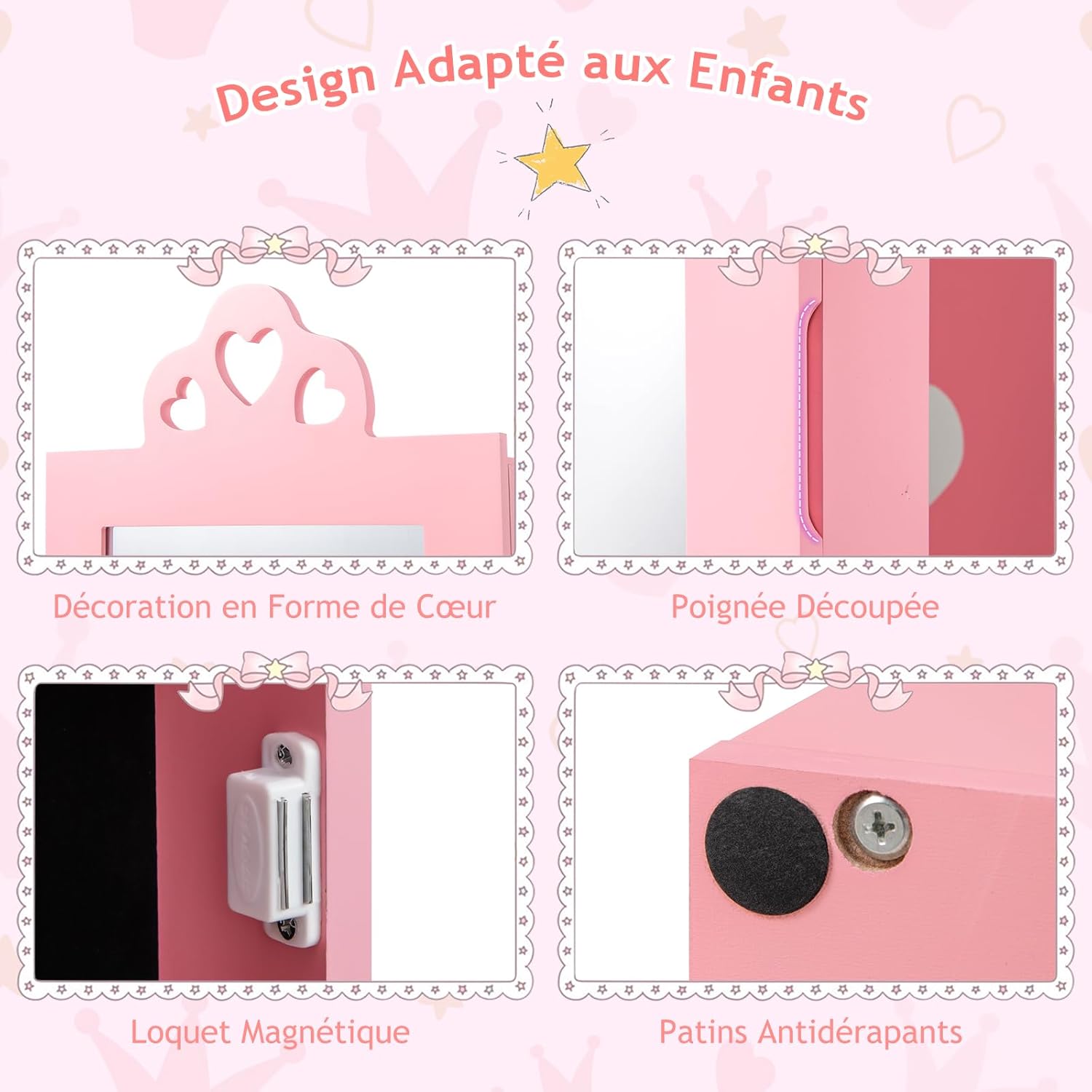Armoire à Bijoux Enfant, 3 en 1 Armoire de Bijoux sur Pied avec Miroir Pleine Longueur, Porte-vêtements, Kit Anti-basculement, Motif Cœur (Rose) - 4