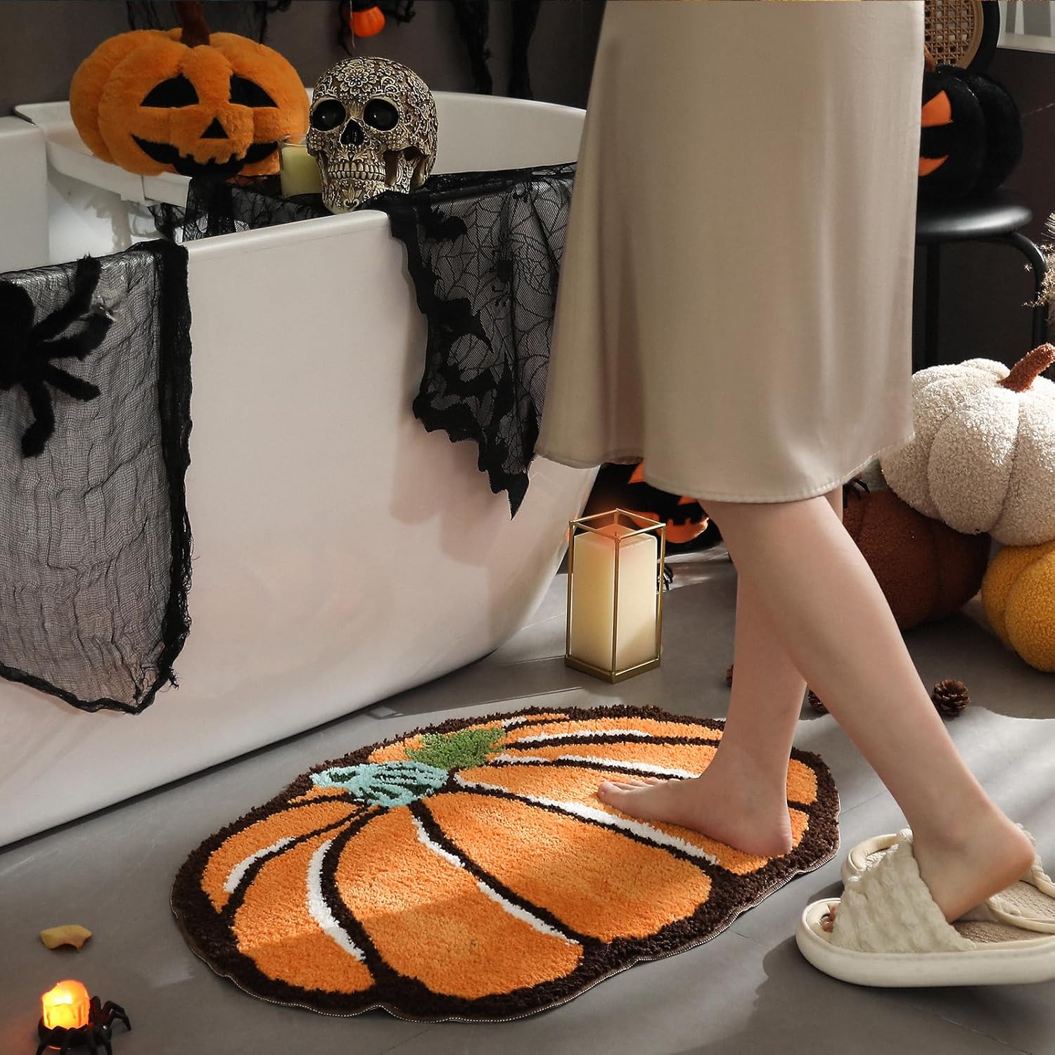 Mata łazienkowa w kształcie dyni na Halloween, mata do kąpieli w kształcie dyni, którą można prać w pralce, pomarańczowy dywanik, 40 x 60 cm