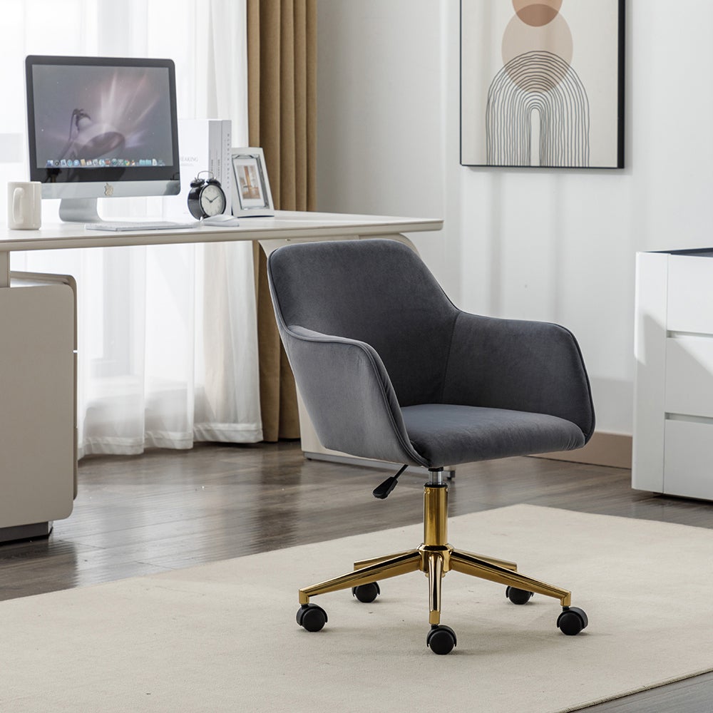 Chaise bureau velours pivotante réglable, pieds dorés, gris - 9