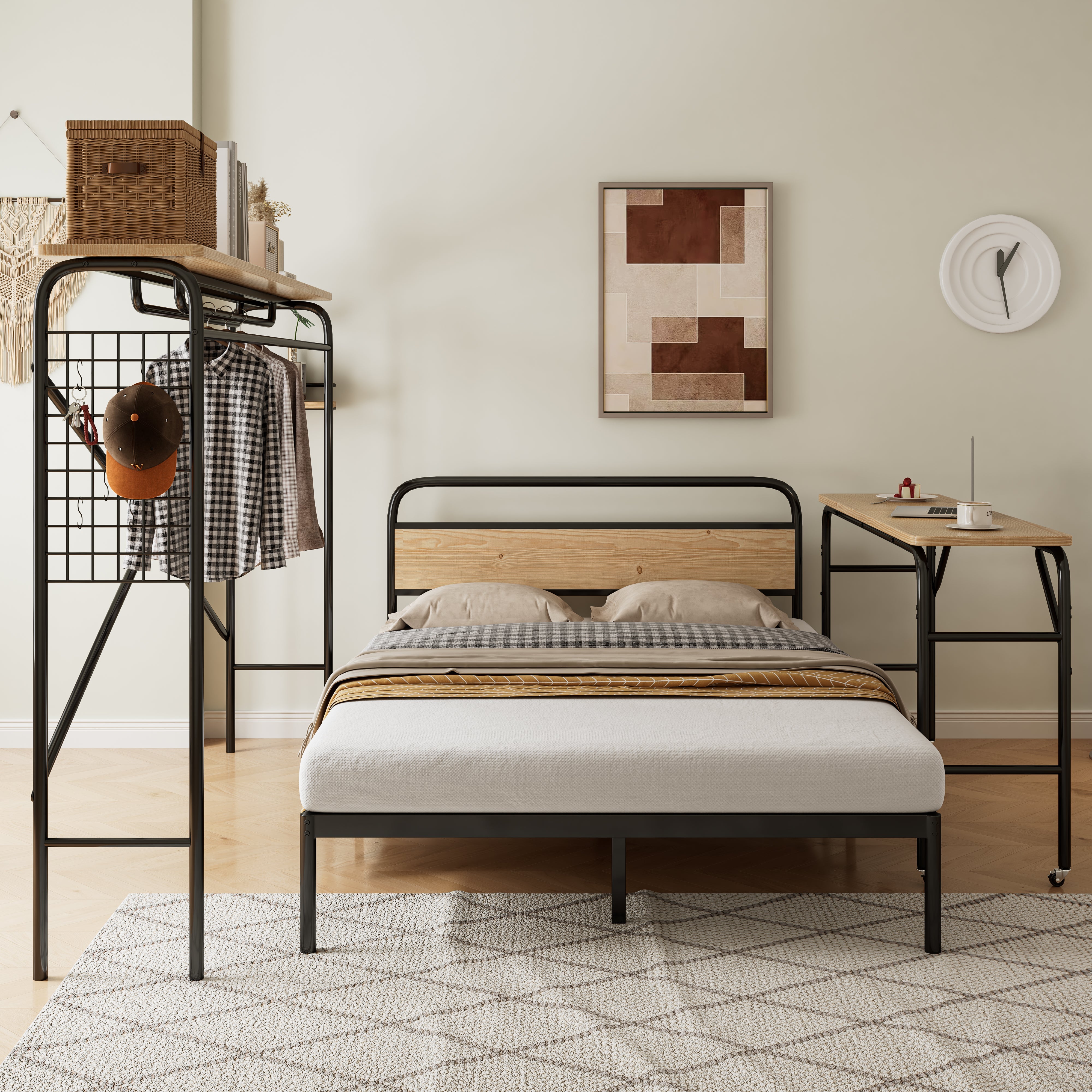 Lit en métal noir avec table, portemanteau vertical et armoires de rangement - 6