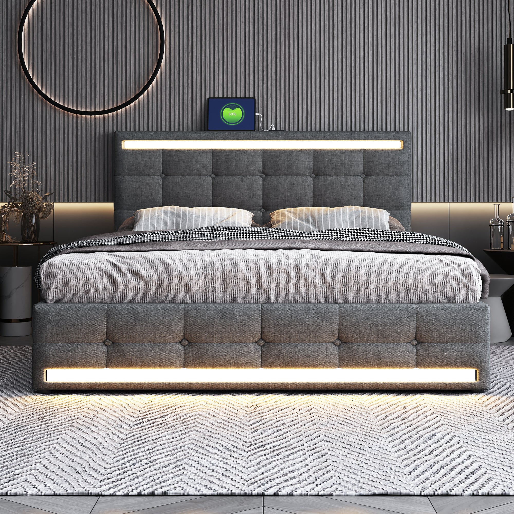 Letto Imbottito Con 2 Cassetti, LED E 2 Porte USB + Rete A Doghe Tessuto Di Lino 140x200 Cm Grigio