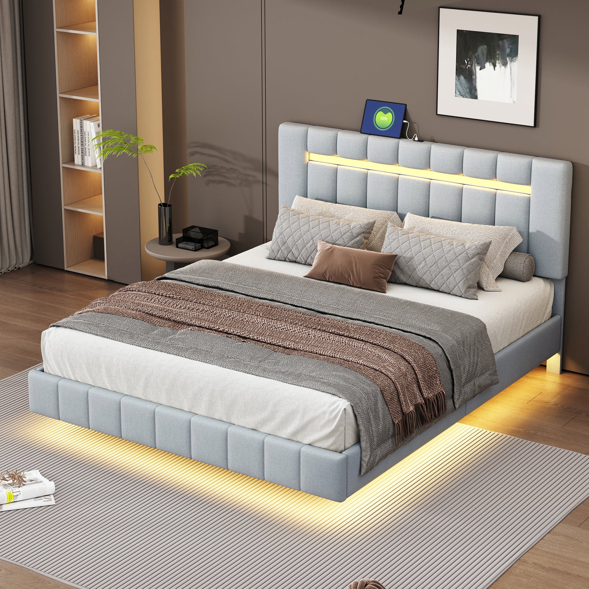 Letto imbottito 160 x 200 cm con testiera - tessuto lino - led - rete a doghe - grigio - 3