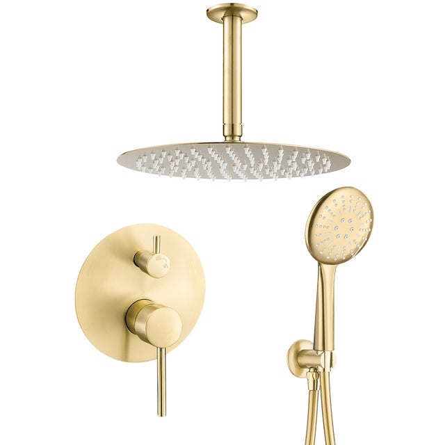 Valaz Douche de plafond ronde en or brossé avec poignée large - Série Cabriel - 25 cm
