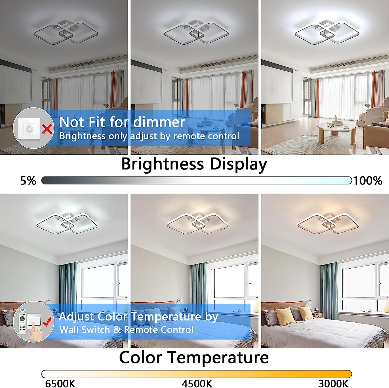 COMELY Plafonnier LED Dimmable 50W 5625LM Moderne Cercle Carré, Lampe de Plafond 3000K–6000K pour Salon, Chambre, Salle à Manger et Bureau, Blanc - 3