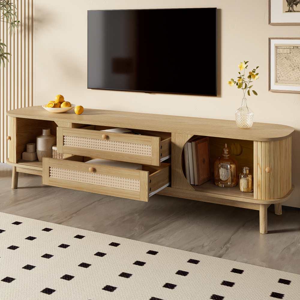 Mebel pod telewizor z litego drewna naturalnego z drzwiami i szufladami z rattanu – elegancki rustykalny design i praktyczne przechowywanie - 4