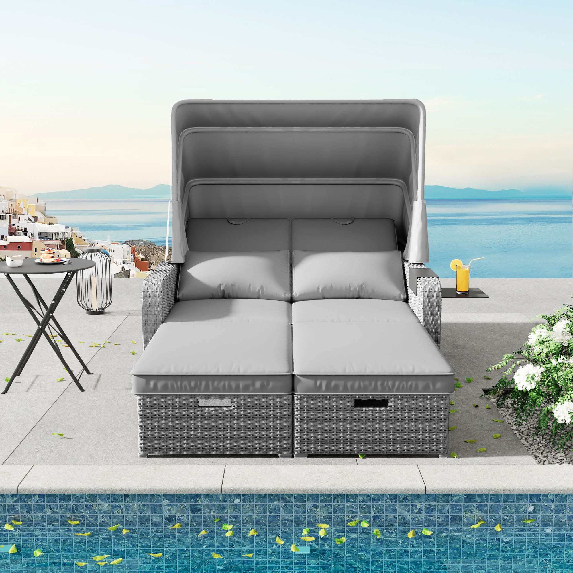 Canapé Polyrattan 2 Places avec Fauteuil Lounge, Coussins Confortables et Marquise Amovible pour Jardin et Terrasse - 4