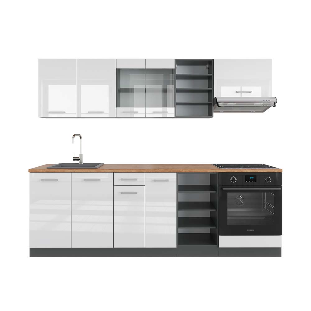 Vicco Zabudowa kuchenna R-Line, Biały wysoki połysk/antracyt, 240 cm , BP Dąb