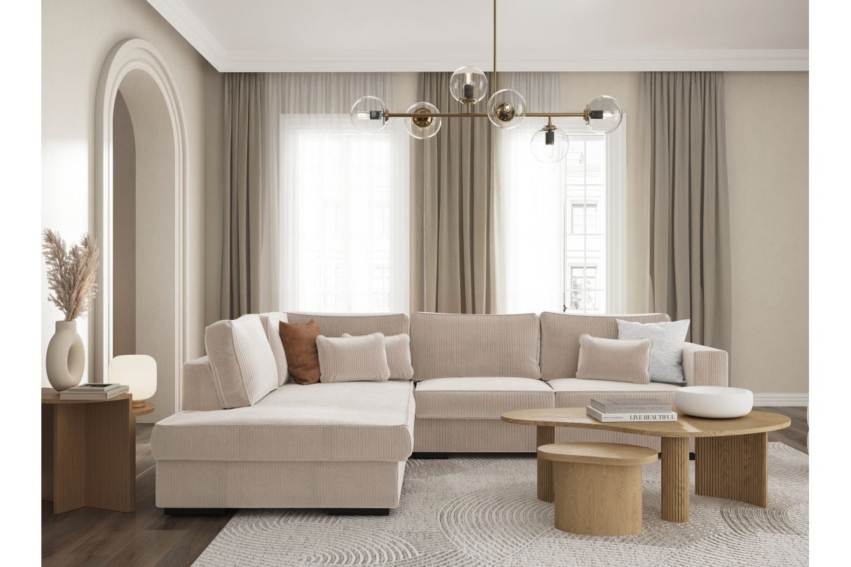 Loungitude - BELAMI - Canapé d'angle XXL 6 places en velours côtelé - Beige - Angle Gauche - 3