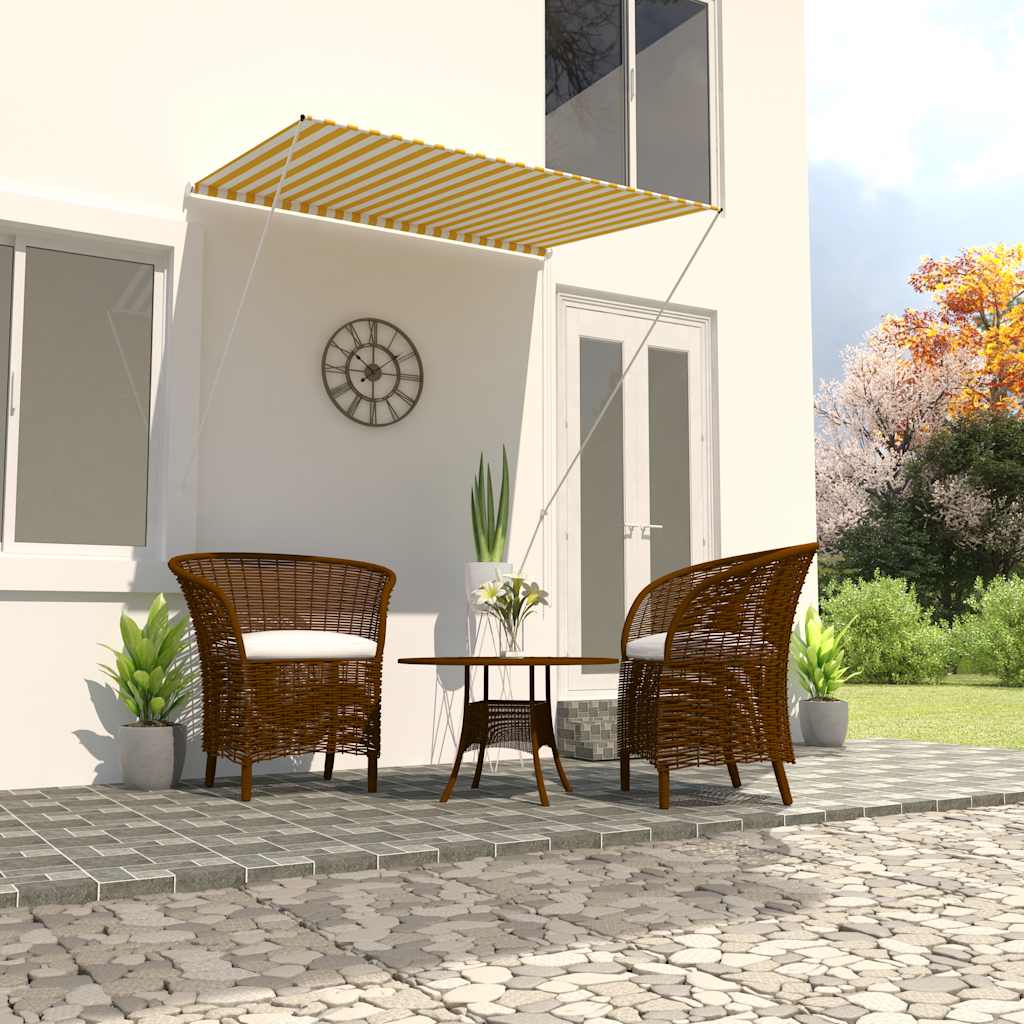 Toldo retráctil de 150x150 cm, amarillo y blanco.