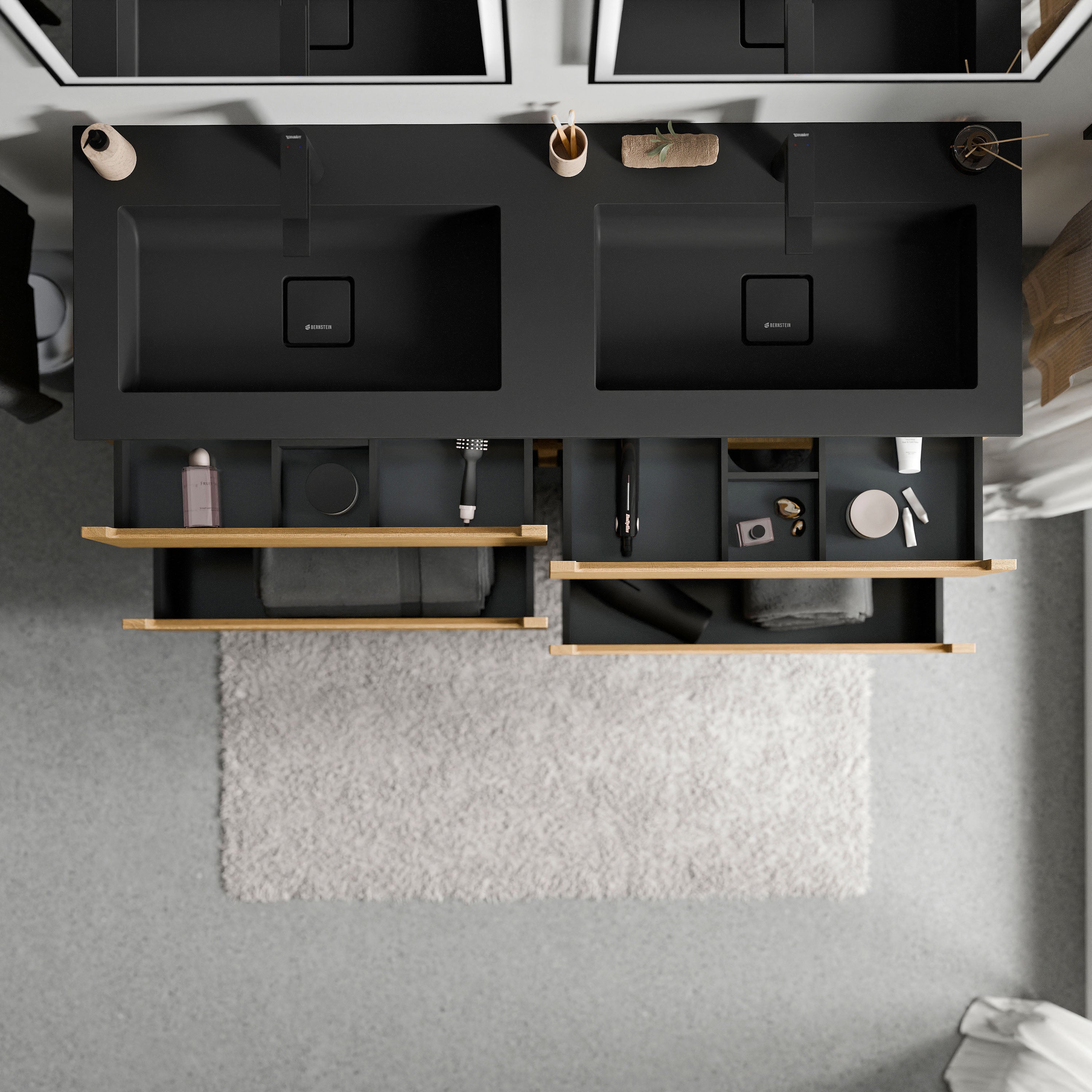 BERNSTEIN - Meuble double vasque suspendu MDF Chêne miel, lavabos fonte Noir mat + trous robinet, tiroirs pivotants - 120x46x62cm - VIREO - 3